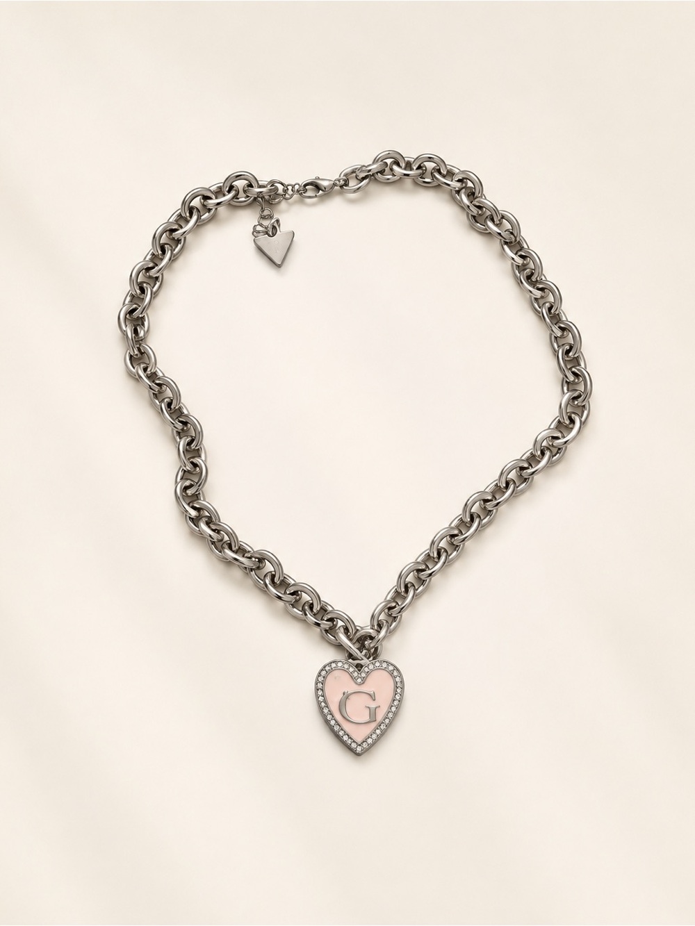 Guess Silver-Tone Chain Necklace with Pink Heart Initial Pendant